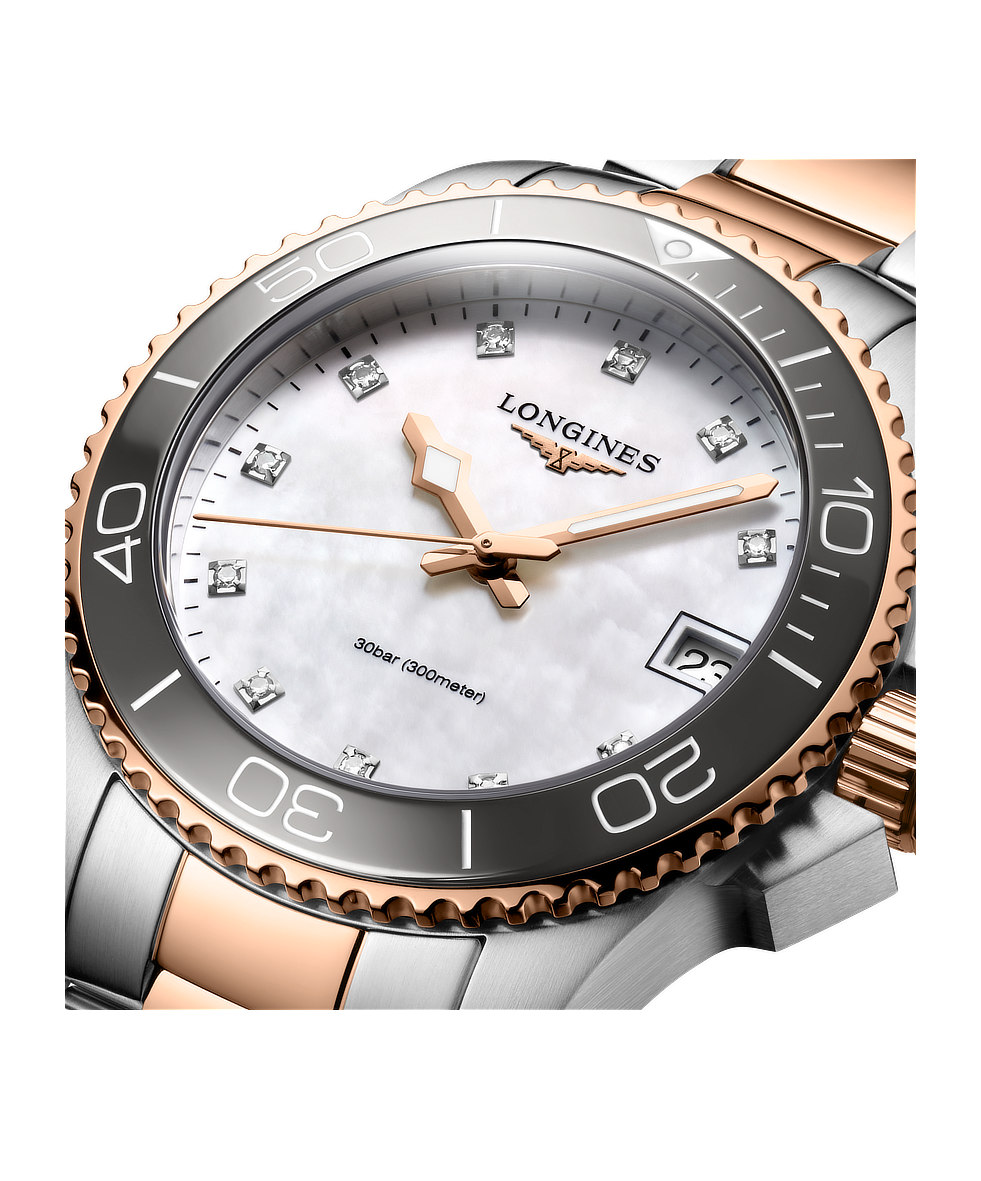 Longines Hydroconquest 32mm Madreperla e Diamanti Lunetta Ceramica Acciaio Bicolore Rosa Quarzo L3.370.3.89.6 | 32 mm 37648 - Longines Hydroconquest 32mm Madreperla e Diamanti Lunetta Ceramica Acciaio Bicolore Rosa Quarzo