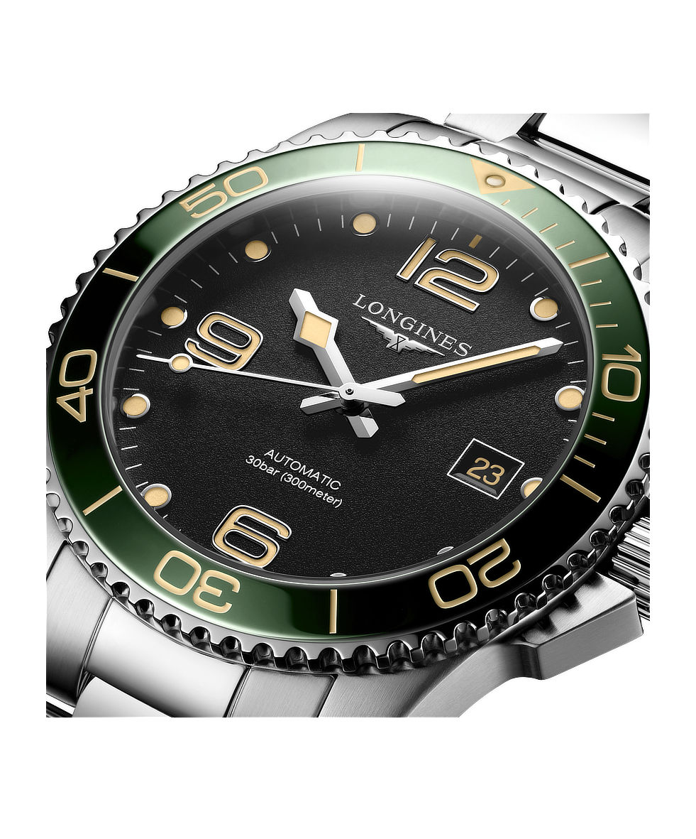 Longines Hydroconquest 41mm Nero Lunetta Ceramica Verde Acciaio Automatico L3.781.4.05.6 | 41 mm 37310 - Longines Hydroconquest 41mm Nero Lunetta Ceramica Verde Acciaio Automatico