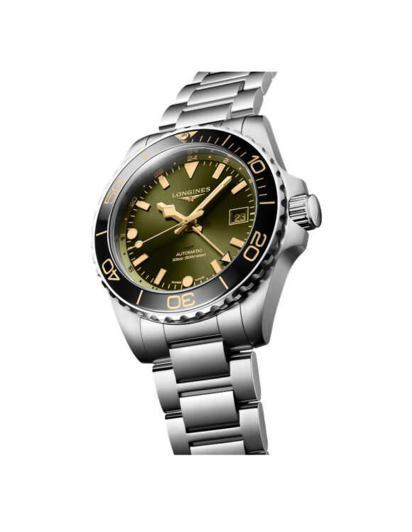 Vista angolata Orologio Longines Hydroconquest GMT Verde Sunray 41mm Acciaio L3-790-4-06-6