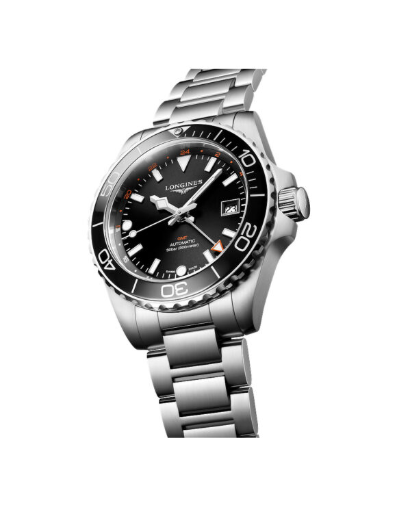 Vista angolata Orologio Longines Hydroconquest GMT Nero 41mm Acciaio Lunetta Ceramica L3-790-4-56-6