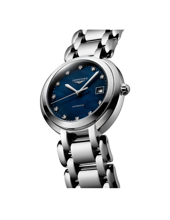 Vista angolata Orologio Longines Primaluna 30mm Automatico con quadrante Madreperla Blu e Diamanti L8-113-4-98-6