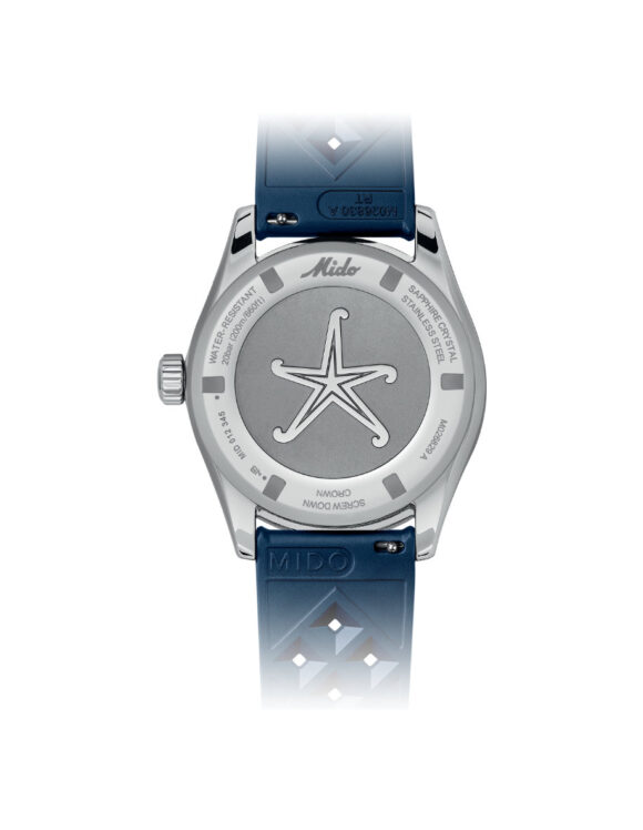 Fondello inciso Mido Ocean Star Decompression Worldtimer con stella marina e cinturino in gomma blu